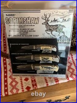 SABRE Wildlife Scrimshaw 3 Knife Store Counter Display Deer Eagle Wolf Awesome
