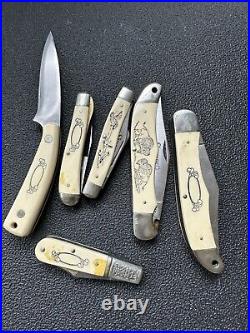 Schrade Crimshaw USA Knife lot of 6 with store display case
