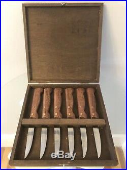 Set of 6 French Pradel Inox steak knives Nice wood handles & wooden storage case