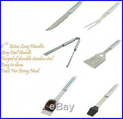 Stainless Steel BBQ Tool Set with Storage Case Fork Tongs Knife Brush Knives 19