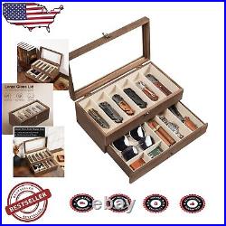 Two-Layer Knife Display Box with Drawers for 12 Pocket Knives Rustic Style