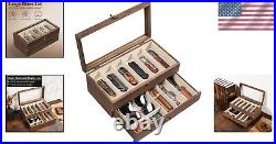 Two-Layer Knife Display Box with Drawers for 12 Pocket Knives Rustic Style