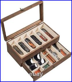 Two-Layer Knife Display Box with Drawers for 12 Pocket Knives Rustic Style