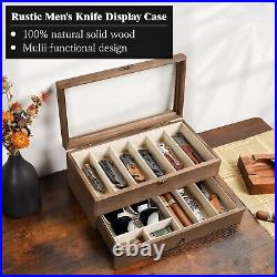 Two-Layer Knife Display Box with Drawers for 12 Pocket Knives Rustic Style