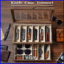 Two-Layer Knife Display Box with Drawers for 12 Pocket Knives Rustic Style