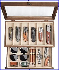 Two-Layer Knife Display Box with Drawers for 12 Pocket Knives Rustic Style