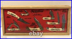 VTG Schrade Scrimshaw 7 knife stand up Store Display Case 1980s GREAT AMERICAN
