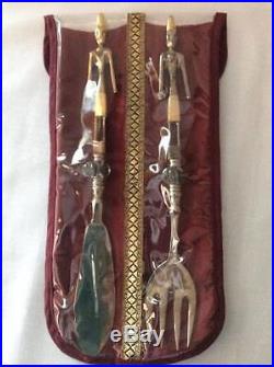 Vintage AFRICAN TRIBAL Fork Knife Figural Serving Set Brass Glass Storage Case