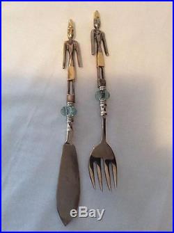 Vintage AFRICAN TRIBAL Fork Knife Figural Serving Set Brass Glass Storage Case
