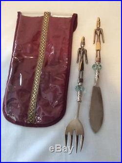 Vintage FORK KNIFE SERVING SET African Tribal Brass/Bronze/Glass Storage Case