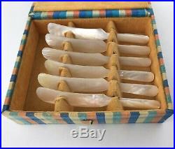 Vintage Solid Carved Mother of Pearl Caviar Spreaders Knives with Storage Case
