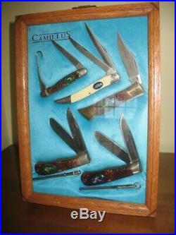 Vintage Wood Camillus Knife Store Display Case with 5 American Wildlife Knives