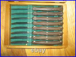 Vtg CUTCO 1059 SET OF 8 STEAK TABLE KNIVES- Wood Handles- WOOD STORAGE CASE